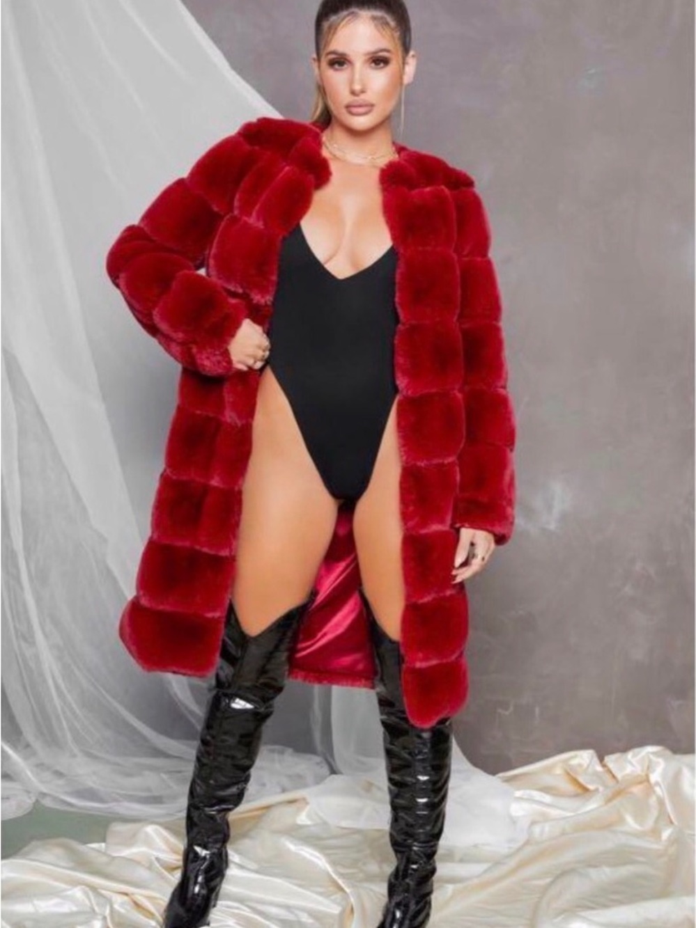 Oh Polly Red Faux Fur Quilted-Panel Trench Coat XS - Picture 2 of 8